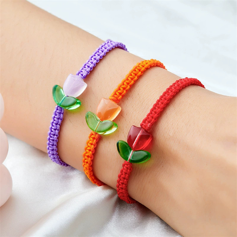 Colorful Tulip Beaded Bracelet with Rope Charm